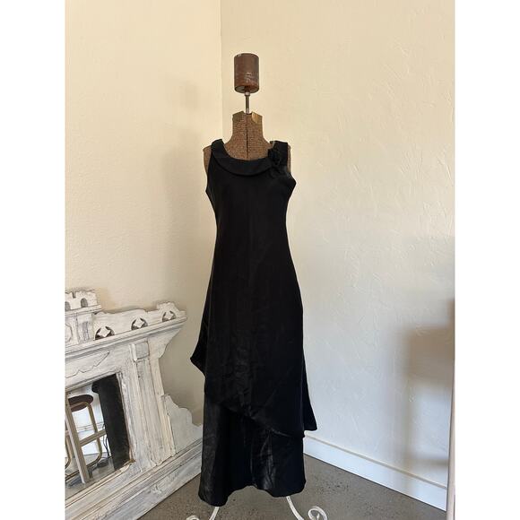 Women’s Small Gown Black Sleeveless Evening Dress Asymmetrical Hem Rosette - Picture 2 of 3